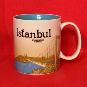 Starbucks Istanbul Turkiye Coffee Mug Global Icon 2012 Tan Light Blue EUC 16 Oz.